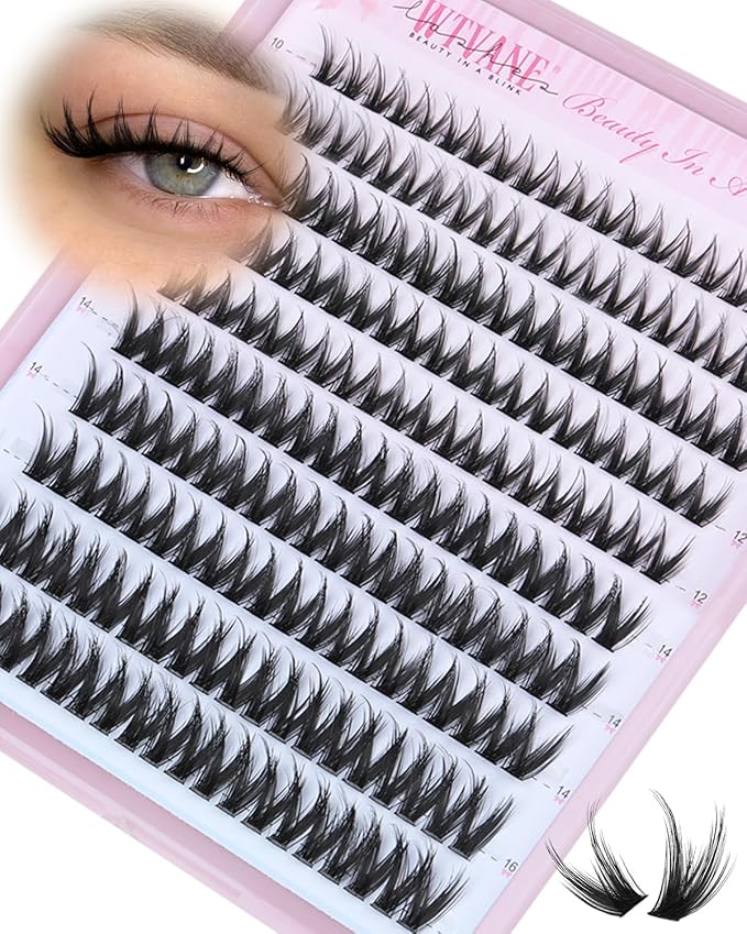 Wtvane Fairy Lash Clusters Wispy Eyelash Clusters Natural 10-16MM Lash Extensions 200Pcs Individual Lashes Clusters CD Curl Cluster Eyelash Extensions with Thin Lash Bnad DIY Manga Look at Home