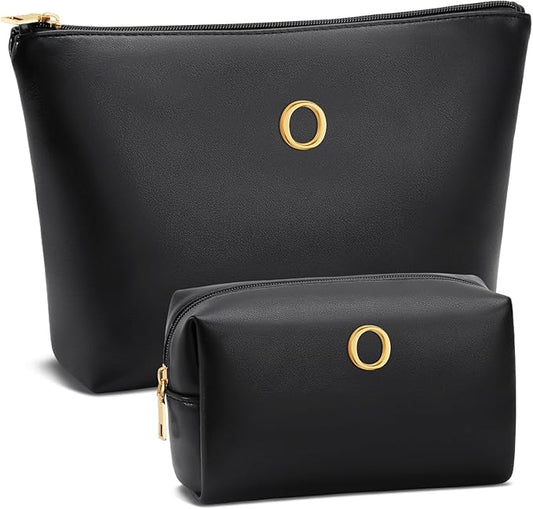 Women Gifts | Initial Makeup Bag Set for Girl Personalized Gifts for Bridesmaid Friend Graduation Teachers PU Leather Cosmetic Travel Toiletry Bag(Black,O)