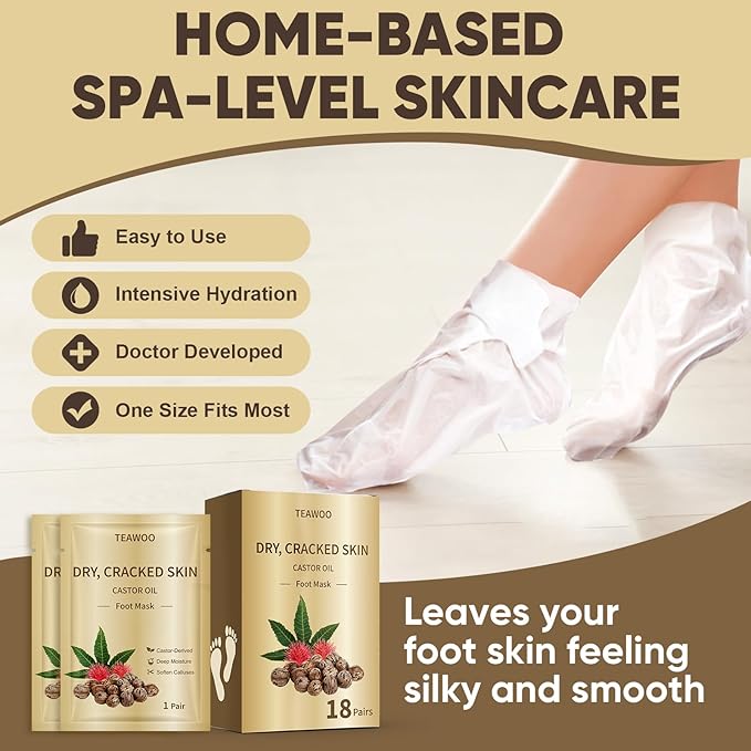 TEAWOO 18 Pairs Moisturizing Foot Masks with Castor Oil & Jojoba Oil, Intensely Hydrating Foot Mask For Dry Cracked Feet, Moisturizing Socks for Cracked Heel Treatment