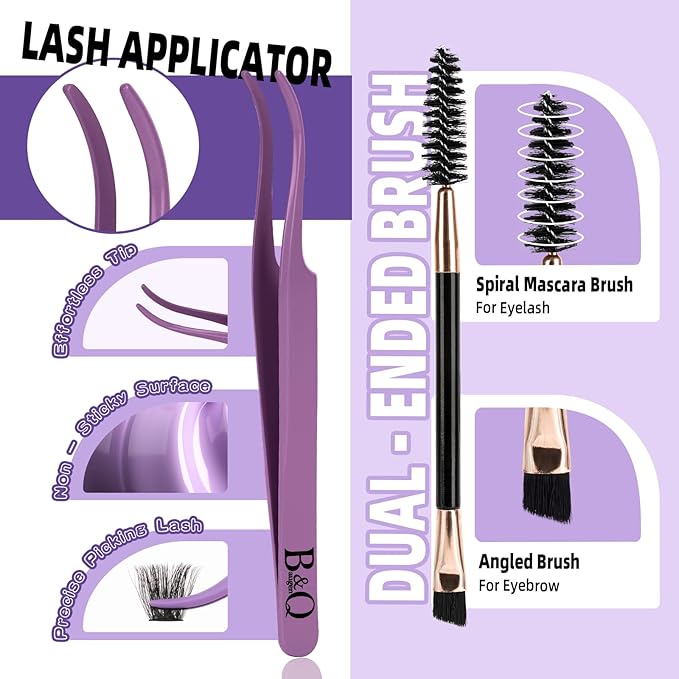 B&Q Fluffy Lash Clusters Kit UltraSoft Cluster Eyelash Extensions, 100+150D Volume Eyelash clusters 10-18mm Lash Extension Kit, D Curl Individual Lashes kit with lash Applicator Tool (100+150D Set)