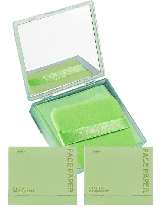 Oil Blotting Paper - 300 Sheets w/Mirror, Puff & Refills, Absorbs Excess Face Oil, Controls Shine, Gentle for Makeup Use.