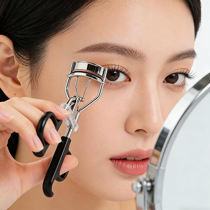 Black Eyelash Curler, Natural Curl Lash Curler - Wide Fit Comfortable Curved Design with Non-Slip Grip & Replacement Pads for a Natural, Clump-Free Lift, Ideal Christmas Gift (Black)