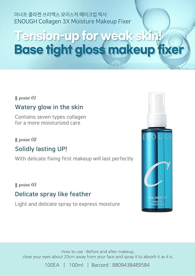 Enough Collagen 3X Moisture Makeup Fixer, Korean Make Up Dewy Setting Spray for Face, Long Lasting Hydrating Facial Mist with Hyaluronic Acid, 3.38 fl oz (100 ml)