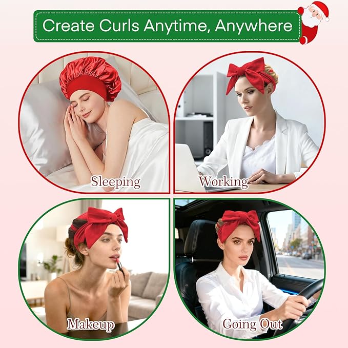 Gwabee 10 PCS Christmas Heatless Curls Overnight Hair Curler, 70" Overnight Curls Hair Curlers to Sleep In with Bonnet for Women Long Hair Volume, Heatless Curling DIY Set - Red