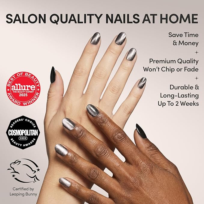 Glamnetic Press On Nails - Galactic | Short Round Gunmetal Pewter Glittered Nails with a Glaze Finish | 12 Sizes - 30 Nail Kit with Glue