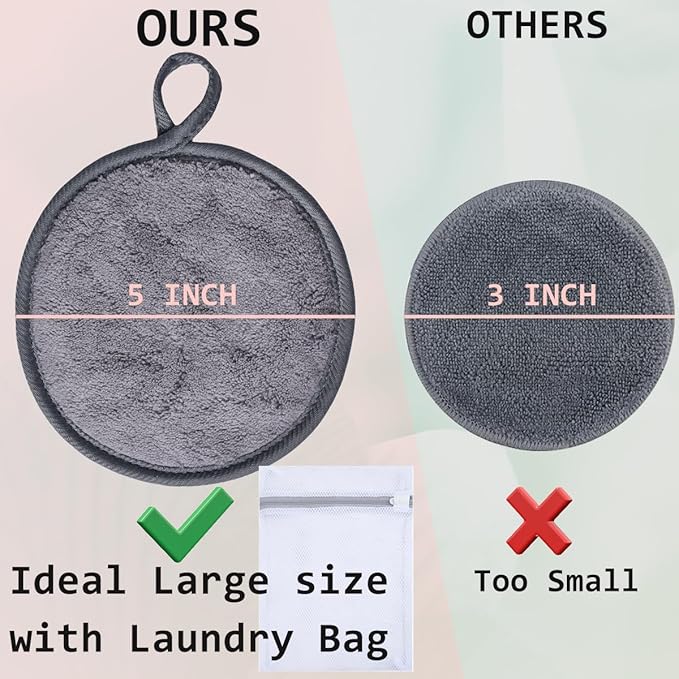 Large Reusable Makeup Remover Pads for Face, Soft Microfiber Makeup Remover Cloths Washable, Premiun 5 INCH Face Cleaning Pad with Laundry Bag, 24 Pack Grey