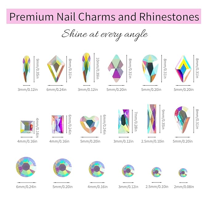 Canvalite 12 Types of 600Pcs Crystal Nail Charms & 5710Pcs Rhinestones for Nails Diamonds for DIY Crafts Flat Back Resin Rhinestones Transparent AB Gemstones Set with Drill Pen & Tweezer
