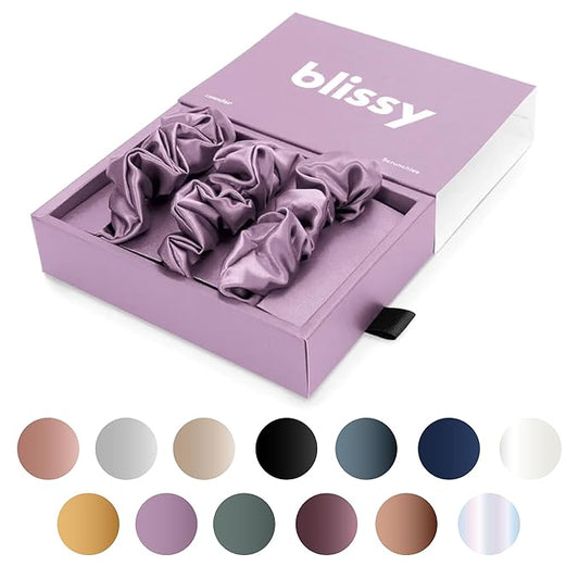 Blissy Silk Scrunchies (3 Pack) - 100% Pure Mulberry Silk - 22 Momme 6A High-Grade Fibers Scrunchie for Straight & Curly Hair - Preventing Breakage, Tangling, & Creasing (Lavender Skinny)