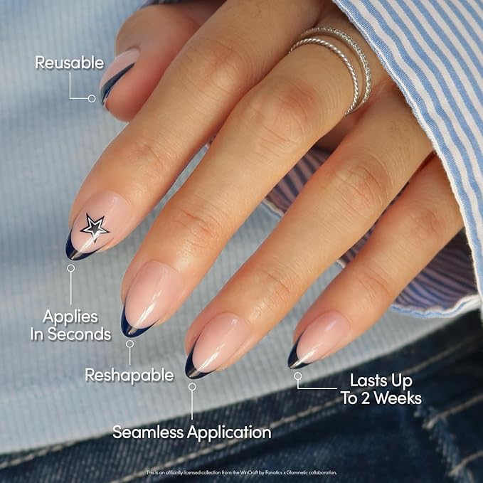 Glamnetic x Fanatics Press On Nails - Dallas Cowboys | Short Almond Fake Nails, NFL Cowboys Blue French Tips, Football Nails, Salon-Quality | 15 Sizes - 30 Nail Kit with Glue
