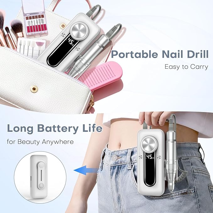 TUOBEO Nail Drill Electric Nail File Kit 45000 RPM Professional Efile Nail Set,Cordless Portable Rechargeable Acrylic Gel Nail Polish Remover Machine Pedicure Manicure Tool for Salon Home White