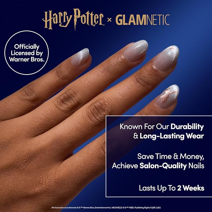 Glamnetic Press On Nails x Harry Potter™ - Rowena Ravenclaw™ | Short Oval Fake Nails with Velvet Gradient Tips & Rose Gold Graphic, Salon Quality Officially Licensed | 15 Sizes - 30 Nail Kit with Glue