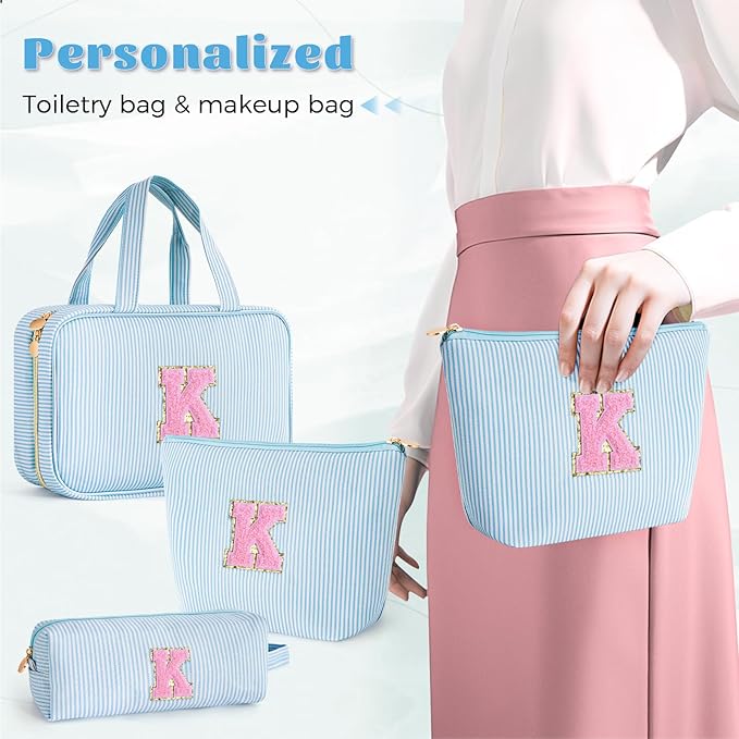 Toiletry Bag Makeup Bag for Girls - Personalized Cute Makeup Pouch for Girlfriend Bridesmaid Wife | Cosmetic Travel Toiletry Bag for Friend | Birthday Gift Idea for Mom - Blue K