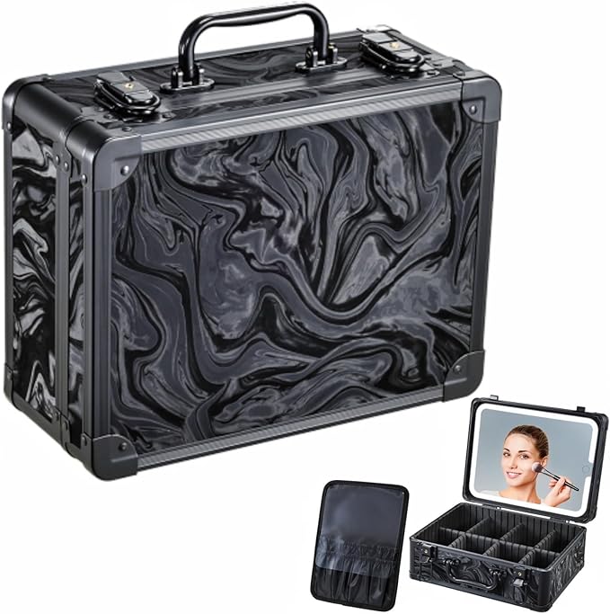 Makeup Bag with LED Mirror - Black Fluid-Color Makeup Box with Detachable Lighted Mirror, Travel Cosmetic Train Case Organizer with Adjustable Dividers and Tool Panel for Brushes