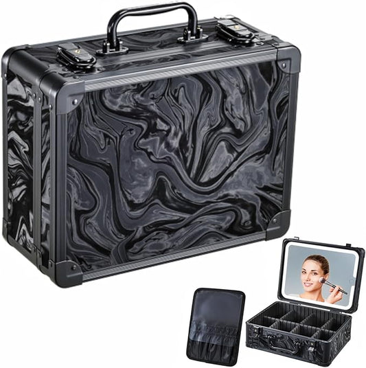 Makeup Bag with LED Mirror - Black Fluid-Color Makeup Box with Detachable Lighted Mirror, Travel Cosmetic Train Case Organizer with Adjustable Dividers and Tool Panel for Brushes