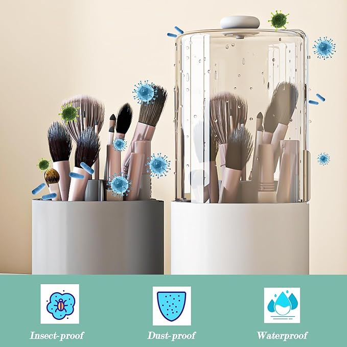 Zufudo Makeup Brush Holder with Dustproof Cover, Clear 360 Rotating Make Up Brushes Organizer for Counter Vanity Bathroom, White