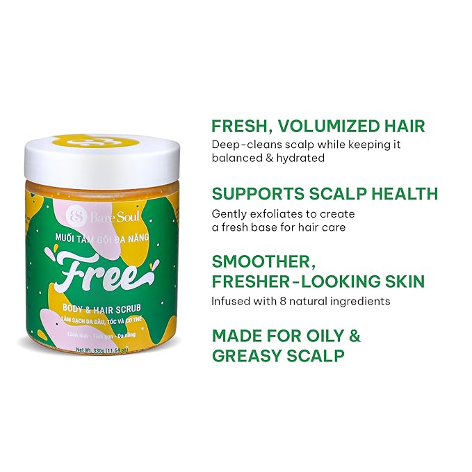 BareSoul FREE Body & Hair Scrub 11.6 Oz | 330g - Natural Exfoliating Scalp Scrub and Body Scrub for Deep Cleansing, Gentle Exfoliation, and Nourishment with Sea Salt and Essential Oils