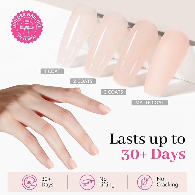 QIEK Builder Nail Gel Polish, 8-in-One Building Strengthener Apex Enhancement Extension Hard Jelly Nude Gel Polish LED Lamp Cured Rubber Base Coat for DIY Manicure Home Beauty Gifts for Women