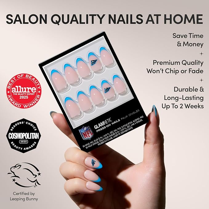 Glamnetic x Fanatics Press On Nails - Carolina Panthers | Short Almond Fake Nails, NFL Panthers Blue French Tips, Football Nails, Salon-Quality | 15 Sizes - 30 Nail Kit with Glue