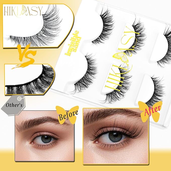 Invisible Band Wispy Lashes 13mm Short Eyelashes Natural Look Reusable 25 Times, D Curl Cat Eye Fake Strip Lashes With Clear Band, Small Lashes Pack Pestañas Postizas Naturales By Hiklasy