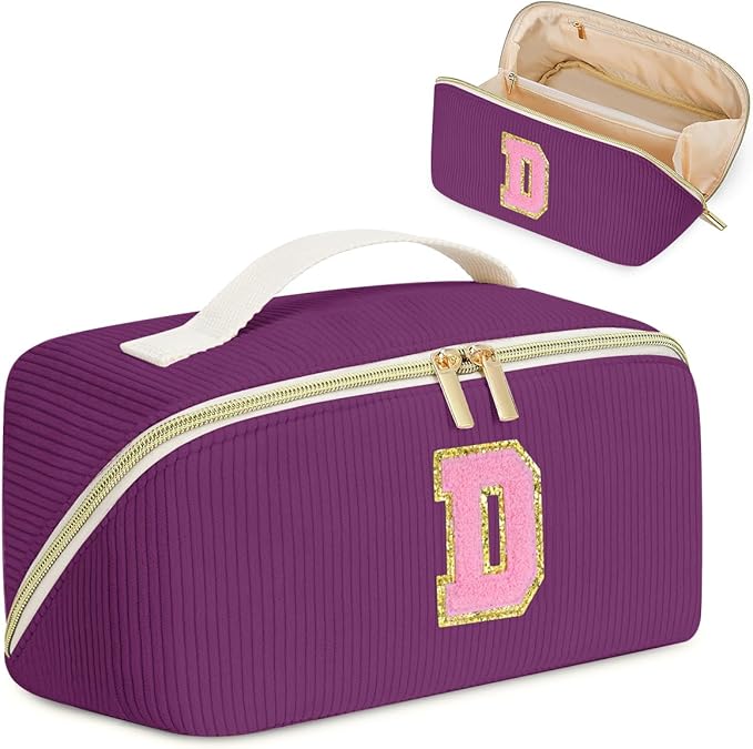 Personalized Initial Makeup Bag, Valentine's Day Gifts for Girls,Preppy Bag Cosmetic Travel Bag Women,Travel Toiletry Organizer,Large Capacity Corduroy Stuff Bag,Cute Cosmetic Pouch Skincare Bag