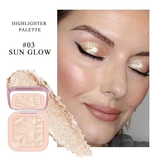 Highlighter Makeup Palette, High Glossy Face Illuminator Palette, Pearl Shimmer Smooth Baked Powder with Natural Glow Finish, Facial Glitter Lasting Sparkling Luminizers Highlighter-SUN GLOW