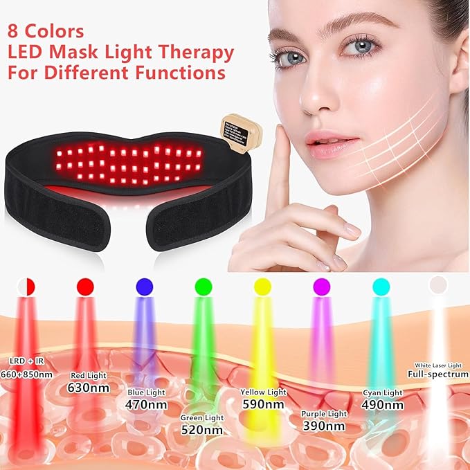8 Colors Cordless Infrared Light Therapy for Neck and Chin, Portable Rechargeable Red Light Therapy Wrap for Face with 20-Minute Timer for Pain Relief, Jaw and Neck Tightening and V-Face