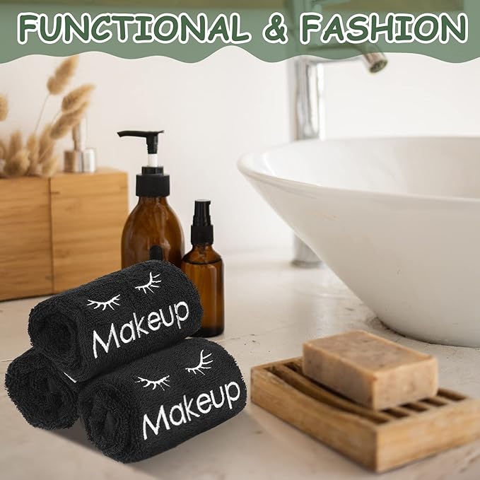 Shimeyao 13x13 Inch Makeup Washcloths Reusable Makeup Remover Cloths Facial Cleansing Towels Cotton Cosmetic Towel Water Absorbent Cloth Face Towels for Women Skin Care, Black(12 Pcs,Classic Style)
