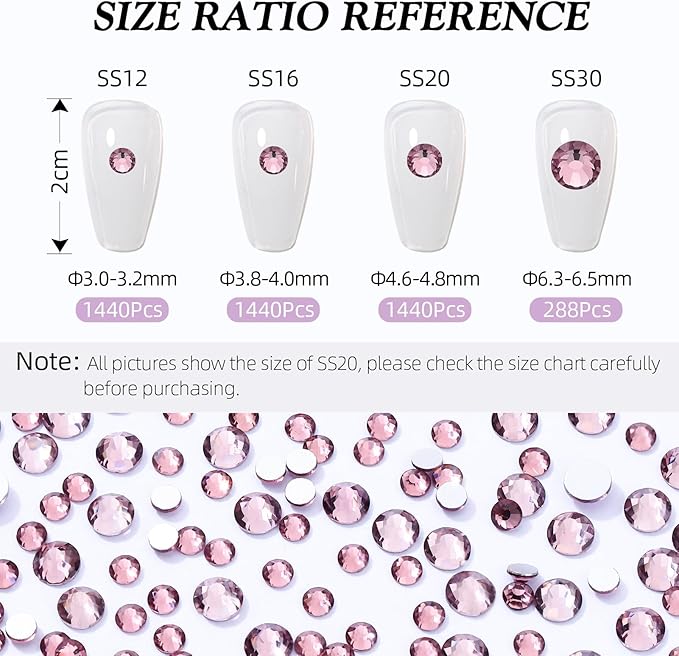 Meibite Light Amethyst Flatback Rhinestones, Glass Rhinestones for Nail Art and Craft, Glue Fix, Loose Crystal Gemstones(Lt.Amethyst, SS30, 288pcs, 6.4-6.6mm)