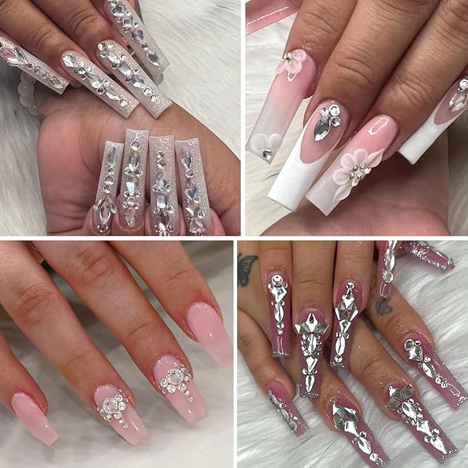 Nail Art Rhinestones - 12 Types of 600 Crystal White Diamonds, 3D Flatback DIY Pearls, Gems, Beads, Flat Back Stones Set, with Kit, for Nail Art Decor