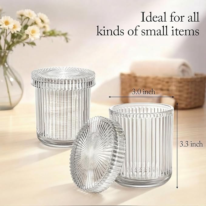 SheeChung 4-Pack Ribbed Glass Apothecary Jars - Clear Qtip Holder Dispenser Set - Bathroom Accessories Organizer for Cotton Swabs, Balls, Pads - Modern Farmhouse Decor