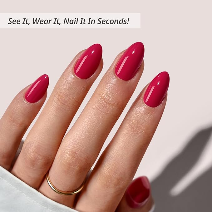 BTArtbox Press On Nails Almond - Raspberry Red Short Press On Nails with Glue for Women, Opaque Soft Gel Glue On Nails in 16 Sizes - 32 Stick On Nails Kit, Berry Blod
