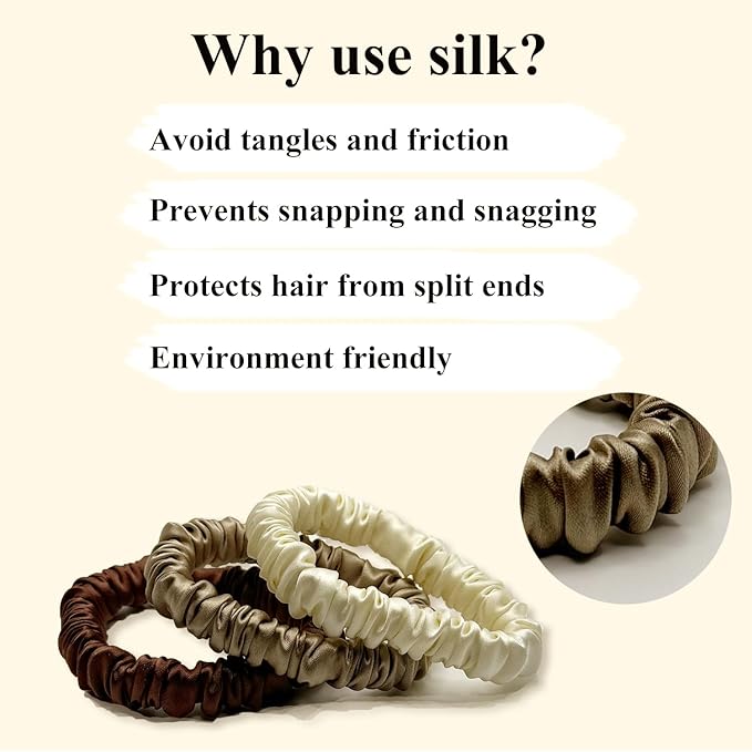 VLOMOT 3 Pcs Set 100% Pure Mulberry Silk Hair Scrunchies Hair Ties with 3 Chic Colors Everyday Skinny Scrunchies Silk Ponytail Holders Hair Care No Damage (Chocolate)