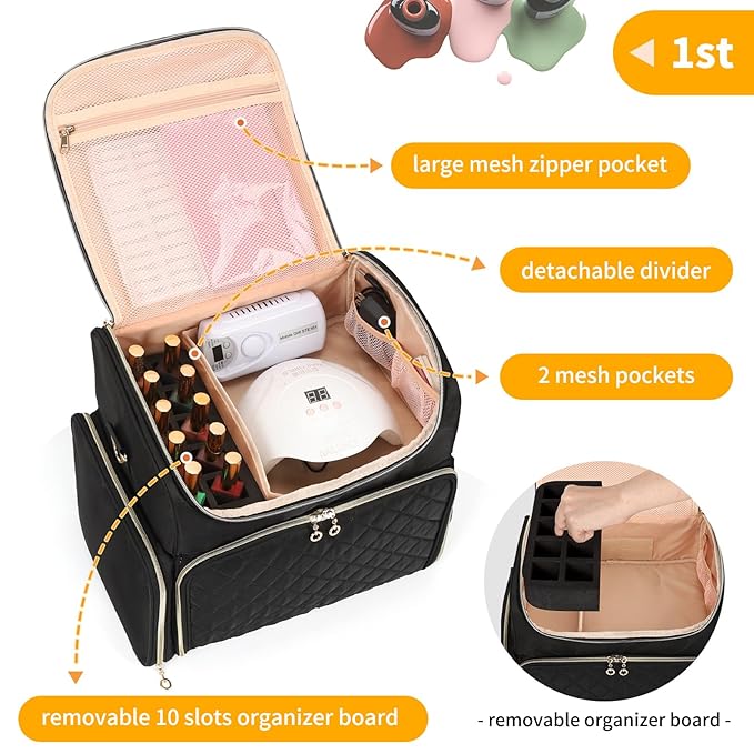 Extra Large Nail Polish Organizer Case Holds 86 to 100+ Bottles Organizer & Nail Lamp, Supply Storage Carrying Bag with 2 Removeable Pouches, Portable Nail Tech Travel Box (Black, 86 Slots)