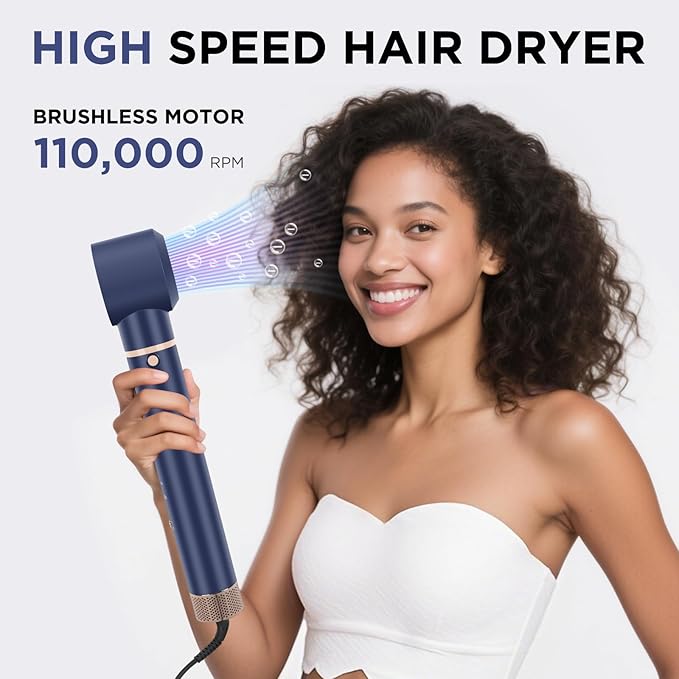 6-in-1 Hair Dryer Brush, 110,000 RPM High Speed Hair Dryer with Air Straightener, 28mm AUTO Curlers, IG INGLAM MegaAIR 2.0 Multi-Styler Set Volumizing and Shape, Prussian Blue