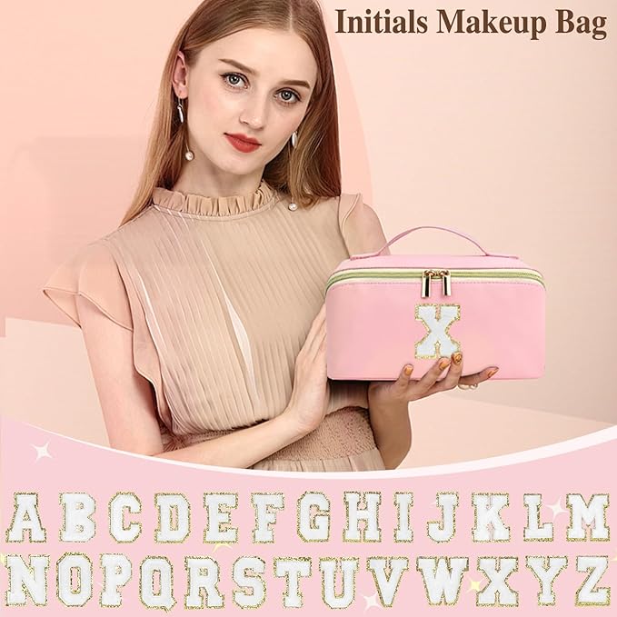for Valentines Day Gifts, Makeup Bag for Women, PU Leather Travel Toiletry Bags, Initial Make Up Cosmetic Pouch for Teen Girls, Wide Open Portable Skincare Bag, Personalized Birthday Gifts, Pink K