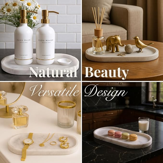 Handcrafted Marble Tray – Bathroom Counter Organizer, Jewelry Tray, Perfume Organizer & Decorative Tray for Vanity Accessories, Coffee Table Decor & Bathroom Countertop (Oval, Mugla White)