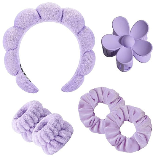 BluOcnMkt 6PCS Spa Headband Set Purple Skincare Makeup Sponge Headbands for Women, Large Flower Hair Clip, Velvet Neon Scrunchies