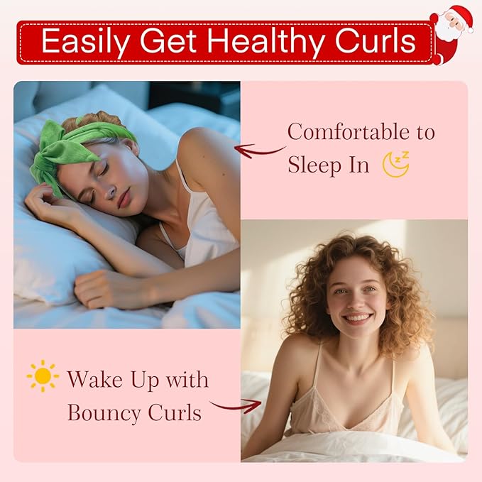 Gwabee 10 PCS Christmas Heatless Curls Overnight Hair Curler, 70" Overnight Curls Hair Curlers to Sleep In with Bonnet for Women Long Hair Volume, Heatless Curling DIY Set - Green