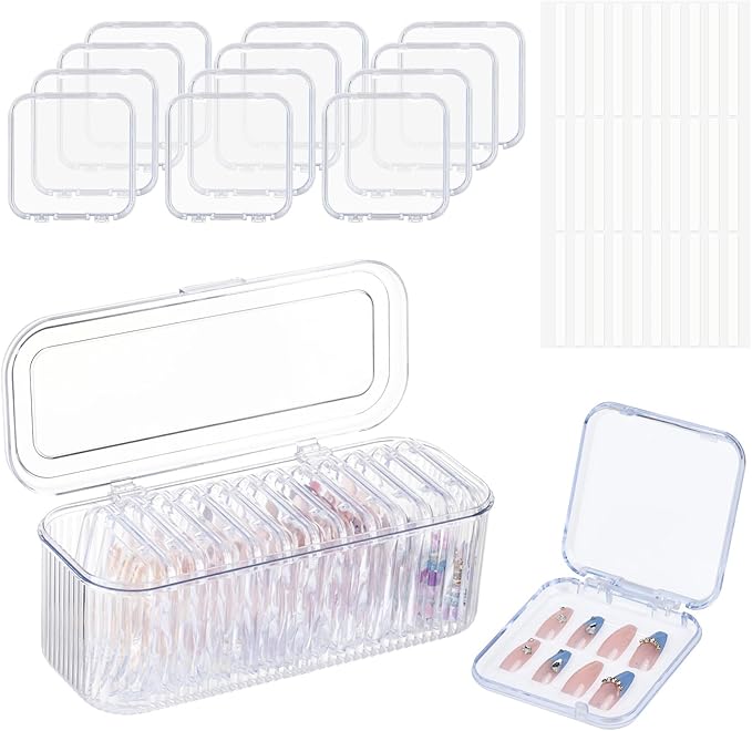 LONTOHCE Press On Nail Orgnizer 12pcs 3.3inch Clear nail storage box and 1 large storage box for Press On Nail Packaging and fake Nail Storage Nail Display with double sided tape.