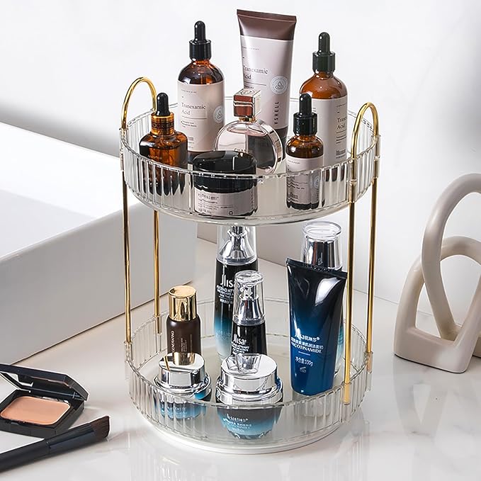 Rotating Makeup Organizer Countertop 2 Tier Lazy Susan Trays Clear Skincare Perfume Storage for Bathroom Counter Vanity, Transparent