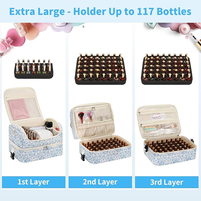 Extra Large Nail Polish Organizer - Three Layer Nail Organizers And Storage Bag, Portable Nail Supplies Organizer Case, Nail Tech Kit Travel Carrying Box with Shoulder Strap (Floral Blue, 117 Slots)