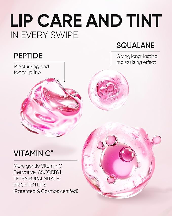 Peptide Brightening Lip Serum, Hydrating & Plumping Tinted Lip Gloss, Moisturizing Lip Balm with Polypeptides & Squalane for Glossy Sheer, Smooth Lips (04 Pink Berry)