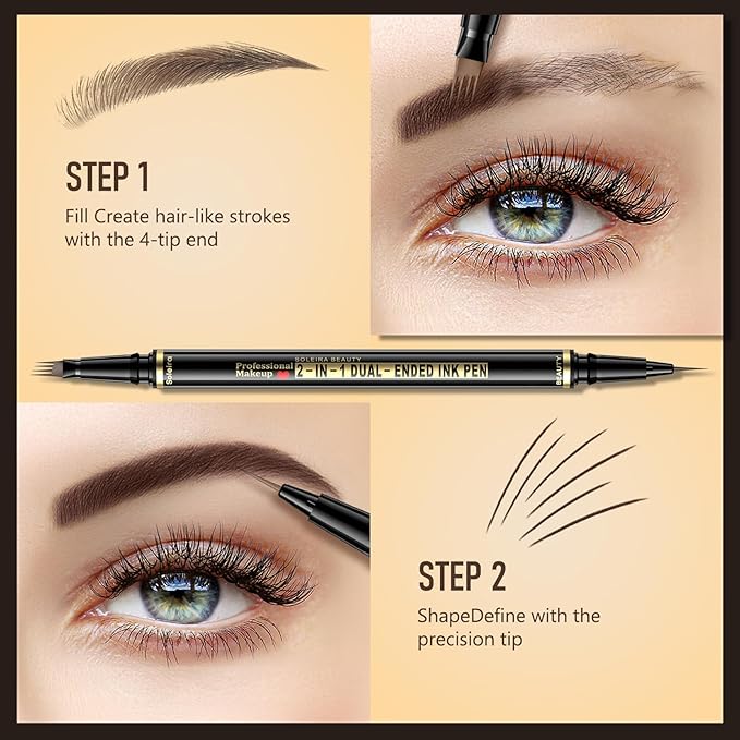 Eyebrow Pen, Soleira Waterproof Eyebrow Pencil with 4 Tip Microblading Eyebrow Pen and Dual-ended Eyebrow Brush, for Natural-Looking Brows, Long-Lasting, Reddish Brown