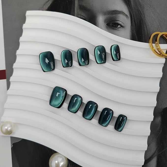 Cat Eye Press on Nails Handmade Short Oval/Square/Round False Nails with French Tip/Aurora/Magnetic Shimmer Designs (Side#Malachite S)