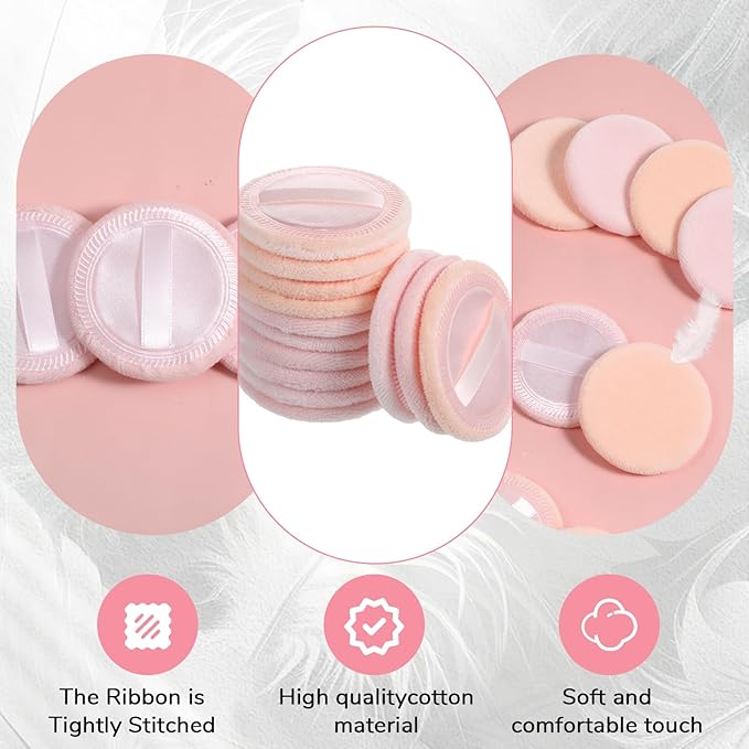 cobee 24 Pcs Round Powder Puffs, Makeup Powder Puff Soft Velour Makeup Pad With Ribbon, Setting Powders Puff Facial Make Up Eyeshadow Concealer Cosmetics Sponge Women(Skin tone and pink)