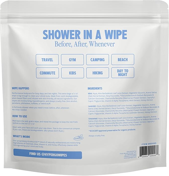HyperGo XL Body Wipes for Women & Men – 12" x12" Rinse-Free Full Body Cleansing 30 Count Pack - Mint | Biodegradable, Hypoallergenic, Aloe-Infused | Gym, Festival, Camping Essentials