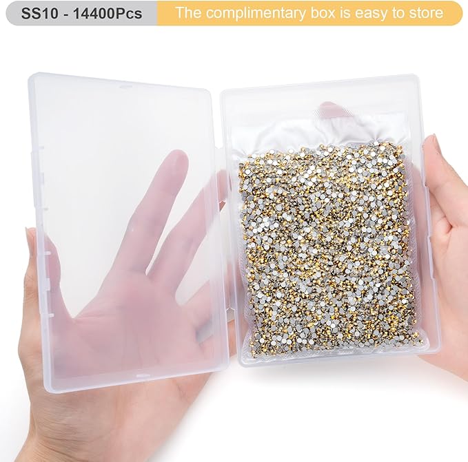 MEIBITE Flatback Rhinestones Bulk, 14400PCS Gold Rhinestones for Clothes DIY Decoration Crafts, Gold, SS10, 2.7-2.9mm
