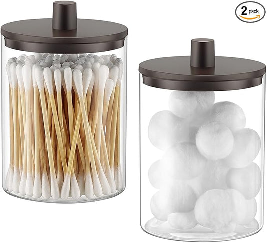 TIPGO Glass Qtip Holder Dispenser for Bathroom - 10 oz Clear Canister Apothecary Jar for Cotton Swabs, Balls, Pads, Floss Picks, Small Containers for Makeup Storage Organizer (2 Pack, Brown)