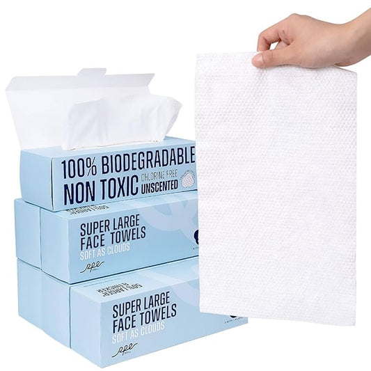 Clean XL Disposable Face Towels 11.8"×7.8", 100% Biobased Biodegradable Viscose, Ultra Soft & Hygienic Facial Towelettes for Makeup Removal and Skincare, Safe for All Skin Types, 360 Count, 6 Packs