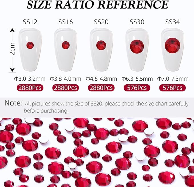 Meibite Siam Flatback Rhinestones, Glass Rhinestones for Nail Art and Craft, Glue Fix, Loose Crystal Gemstones(Siam, SS16, 2880pcs, 3.8-4.0mm)